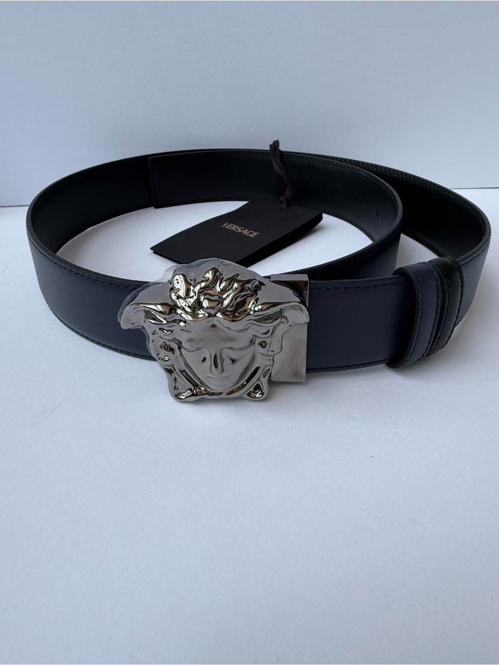 NWT Versace Black/Blue Leather Belt with Silver Medusa Head Buckle- 95/38 - Picture 5 of 10